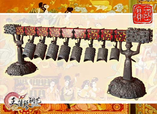 8件古編鐘，銅人銅座裝飾，可發(fā)音
